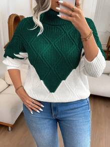 Calvaya Plus Size Plain Color Patchwork Turtleneck Long Sleeve Simple Casual Pullover Sweater, Winter - Dark Green - View 7