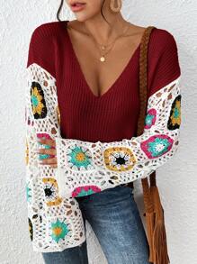 SHEIN VCAY Women's Floral Pattern Oversized Drop Shoulder Long Sleeve Sweater, Autumn/Winter - Red - View 5