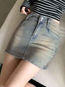 DAZY Váy denim ngắn bó sát trang trí túi cho nữ - Rửa nhẹ - Xem 3