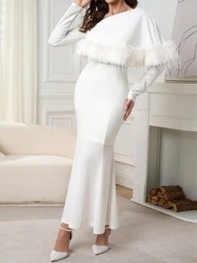 Modelyn 女士优雅纯色不对称领毛边鱼尾连衣裙，秋季长款晚礼服