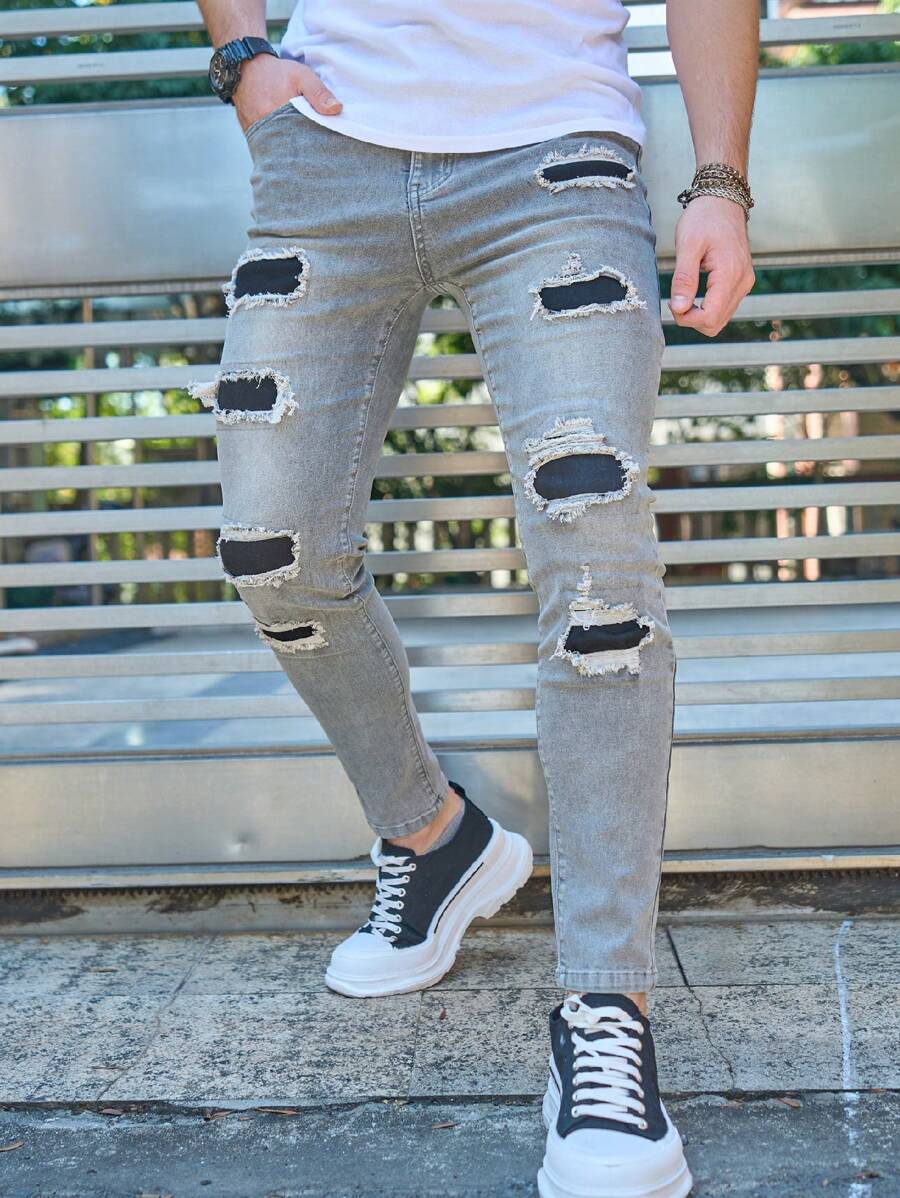 Manfinity Homme Men's Casual Distressed Skinny Washed Jeans - Grey - View 1