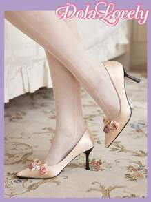 Dola Lovely Escarpins femme à talons hauts, à bout pointu avec nœud rose unicolore et fleurs 3D, chaussures plates à bride arrière