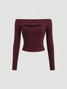 Flirla Solid Color Off Shoulder Hollow Out Long Sleeve Fitted Women's T-Shirt