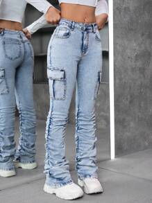 SHEIN Teenager Mädchen Y2K angesagte stonewashed weit geschnittene Jeans mit Falten und Klapptasche, gestapelte Jeans