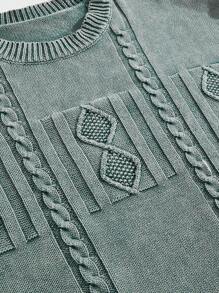 Manfinity Hypemode Men's Casual Loose Fit Textured Round Neck Long Sleeve Sweater, Autumn - Army Green - View 4