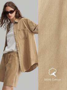 Ontre 2 pièces Ensemble chemise et shorts en velours côtelé en coton pour femmes, tenue casual, automne/hiver - Kaki - Voir 2