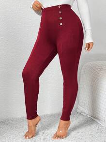 SHEIN PETITE CURVE Quần legging cạp cao màu trơn đa năng thường ngày cỡ lớn - Màu Đỏ Sâu - Xem 4