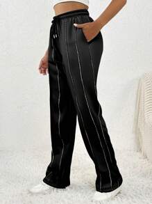 Flirla Quần nỉ ống đứng hở lưng vải nỉ màu xám, dây rút, buộc vạt, đường may cũ kỹ, quần nỉ thường ngày - màu đen - Xem 3