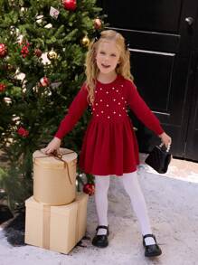 SHEIN Girls' Crew Neck Long Sleeve Knit Sweater Dress, Comfortable & Warm, Suitable For Autumn/Winter, Red, Fashionable & Versatile For New Year, Holidays, Daily Wear, Indoor, Outdoor, Travel