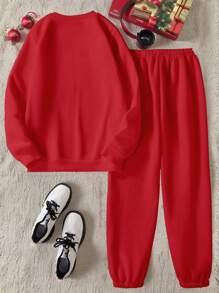 青少年男孩圆领长袖图案印花休闲运动衫和裤子套装，适合圣诞节 - 紅色 - 查看 2