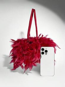 SHEIN BAE Women Luxury Feather Decorated Party Clutch, Black Handbag For Evening/Club Events Valentines