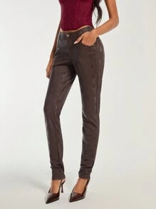 COSMINA Pantalones casuales de mujer de unicolor con bolsillo y botones delanteros