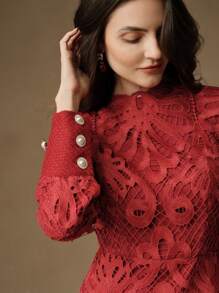 Anewsta Elegante vestido cheongsam ajustado y encantador con parche de encaje - Burdeos - Ver 7
