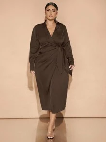 SHEIN BAE Plus Size Fall And Winter Elegant Daily Commuting Party Women Green Satin Overlap Wrap Drape Asymmetric Slit Bowknot Long Sleeves With Buttons Long Dress Party Wear Christmas Wear Commuting Wear New Year Eve Dress New Years Dress Christmas Women Dress Christmas Women Clothes Christmas Dress Christmas Party Dress Thanksgiving Women Outfit Elegant Dress Holiday Dress Christmas Outfits