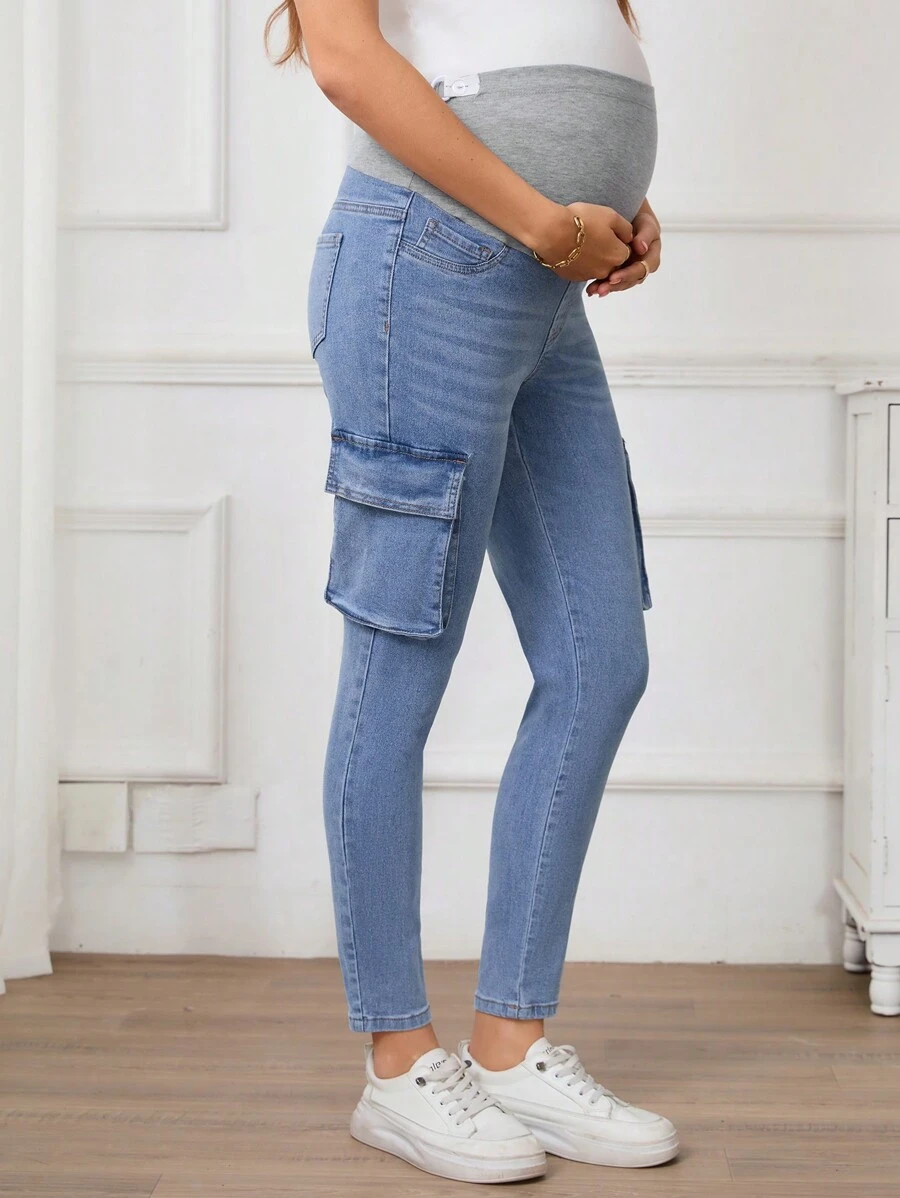 SHEIN Maternity Solid Color Patchwork Casual Elastic Denim Cargo Cropped Pants