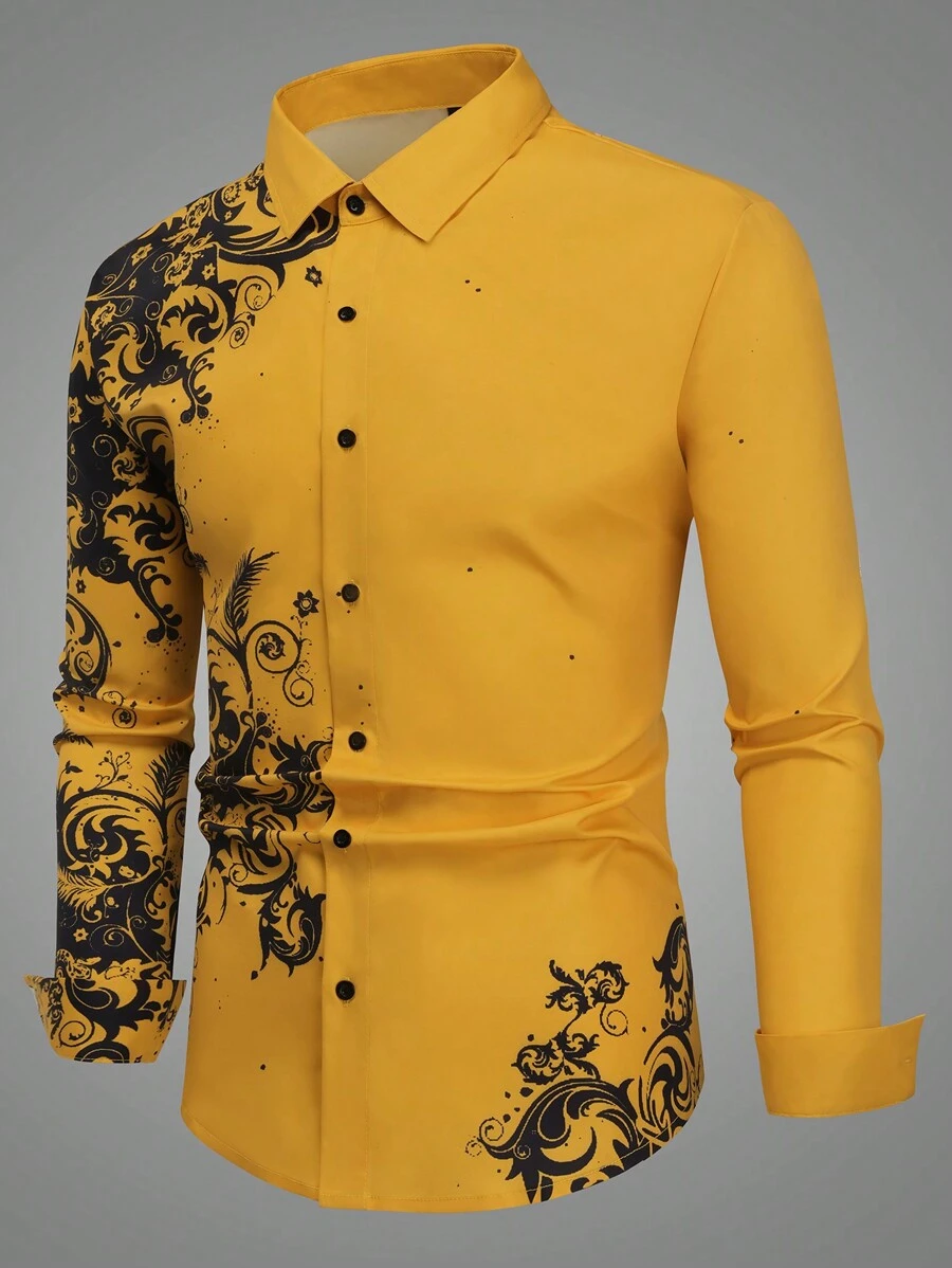 Manfinity AFTRDRK Men's Retro Printed Long Sleeve Shirt, Fashionable For Autumn, For Fall - Yellow - View 1