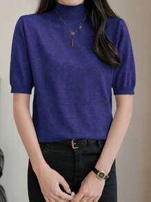 SHEIN LUNE Casual Versatile Simple Solid Color Turtleneck Short Sleeve Knit Top - Royal Blue - View 5