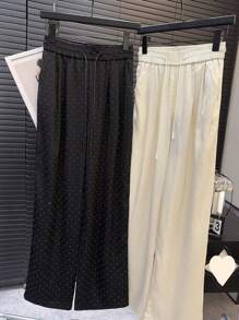 Franclia 1 pieza Pantalones de pierna recta sueltos con cintura alta, elástica y con cordón en satén con rhinestones para mujer