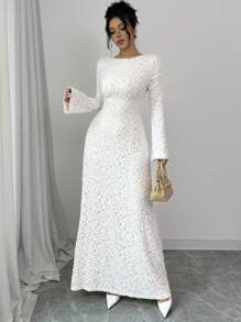 Selianne Đầm Maxi Chữ A Tay Dài Phối Ren Sang Trọng Ôm Eo Cho Nữ - trắng - Xem 3