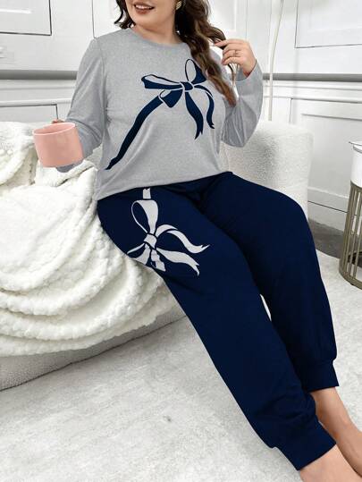 大码女式两件套蝴蝶结印花撞色长袖上衣和裤子睡衣套装，舒适保暖，秋冬服装