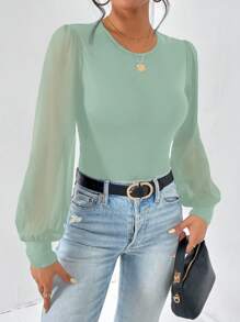 SHEIN Essnce Bộ đồ liền thân lưới tay đèn lồng cổ tròn màu trơn thời trang cho nữ, mùa thu - màu xanh lá - Xem 5