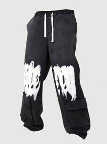 ROMWE MEN Street Life Men's Letter Print Drawstring Loose Casual Baggy Denim Jeans