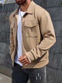 Manfinity Homme Plus Size Men's Solid Color Front Zipper Long Sleeve Pocket Casual Jacket, Going Out Fashion Khaki Lightweight Jacket, For Friends, Husband, Boyfriend Gifts - Khaki - View 3