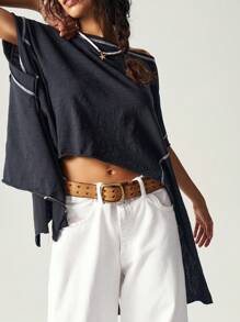 Bohemela 女士简约彩色针织圆领短袖不对称下摆休闲 T 恤 - 黑色 - 查看 7