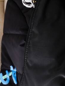 SHEIN Leap Crew Tween Girl 宽松休闲简约舒适立领卡通图案保暖棉服外套，秋冬 - 黑色 - 查看 7