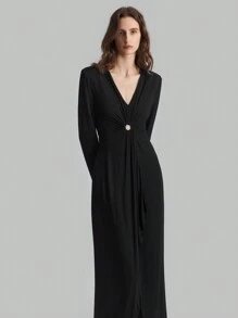 SHEIN X Angie Costa Ontre Women's Black Deep V-Neck Knit Slim Fit High Slit Maxi Party Dress