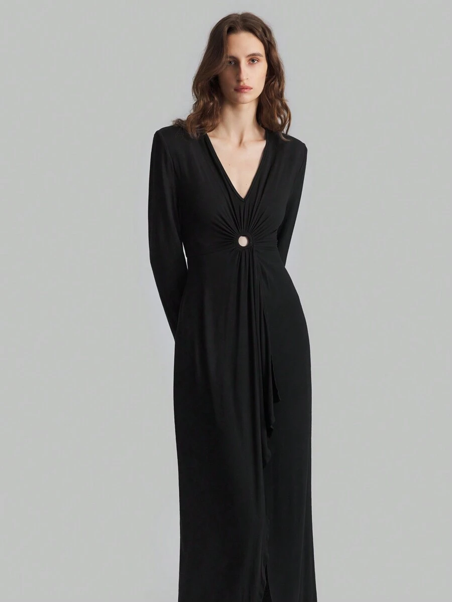 SHEIN X Angie Costa Ontre Women's Black Deep V-Neck Knit Slim Fit High Slit Maxi Party Dress