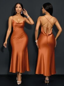 SOLERSUN Hanging Neck, Suspender, Swing Collar, Pocket Collar, Low Waist, Cross Open Back, Fishtail, Long Green Matcha Green Dress, Sexy And Elegant Party Dress, Sisters Evening Dress, Ladies Dress Maxi Satin Women Outfit - Rust Brown - View 1