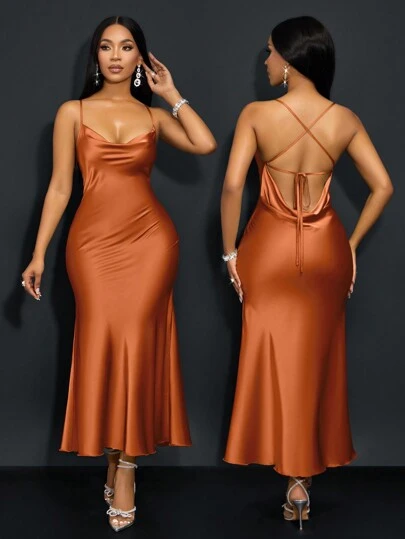 SOLERSUN Hanging Neck, Suspender, Swing Collar, Pocket Collar, Low Waist, Cross Open Back, Fishtail, Long Green Matcha Green Dress, Sexy And Elegant Party Dress, Sisters Evening Dress, Ladies Dress Maxi Satin Women Outfit