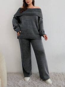 EURMUSE PLUS SIZE OFF SHOULDER SWEATER CO-ORDS - Dark Grey - View 1