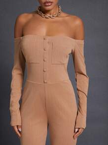 Hauture Winter Women Clothes, Casual Long Sleeves Rib Knit Off Shoulder Flare Leg Camel Jumpsuit With Front Buttons And Pockets. For Daily Wear, Date Night, Concerts, Performances, Parties, Clubs - Khaki - View 2