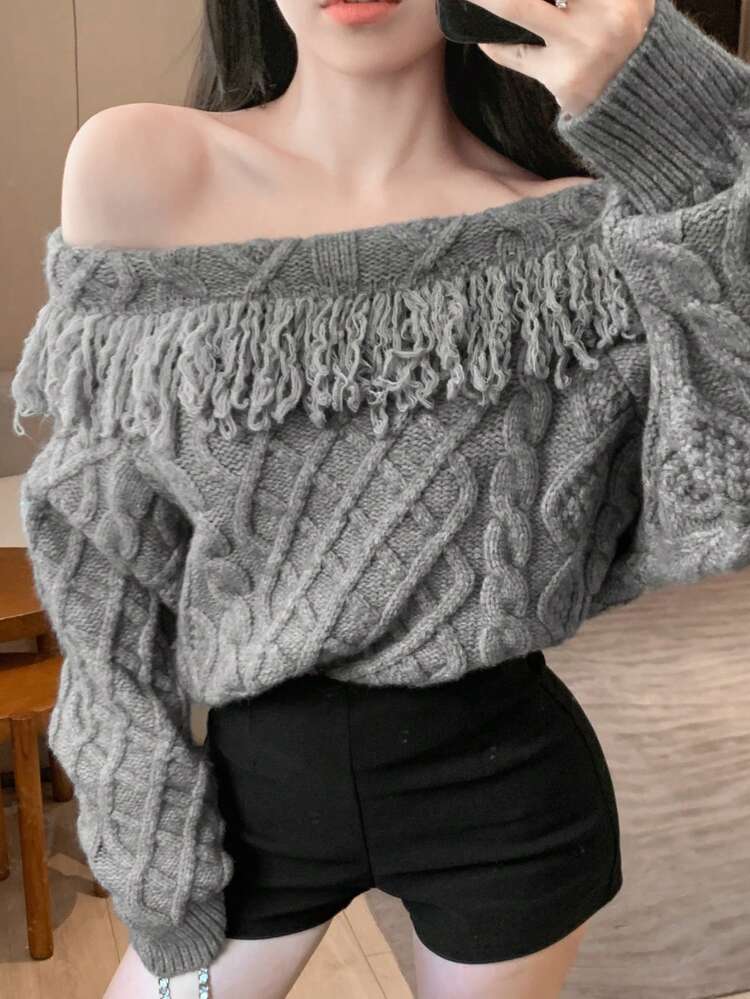 Women's Off-Shoulder Loose Fit Fringe Patchwork Sweater Off Shoulder Sweater,Fall Clothes Cute Tops