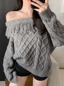 DAZY 女士露肩宽松流苏拼接毛衣，秋季可爱上衣 - 灰色 - 查看 5