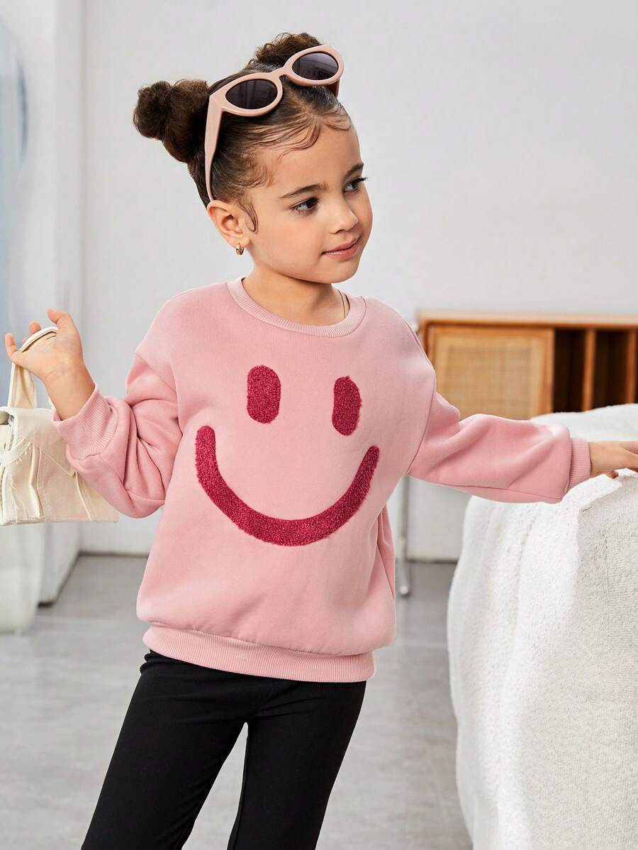 Áo nỉ rộng rãi thường ngày cổ tròn in hình mặt cười cho bé gái - Hồng - Xem 1