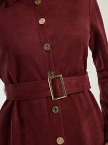 COSMINA Wine Red Long Sleeve Metal Button Belted Dress For Women, Suitable For Valentine's Day And New Year, Autumn/Winter - Burgundy - View 6