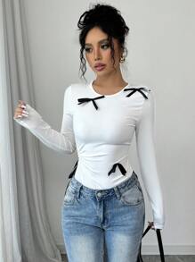 Elenzga 女士优雅蝴蝶结装饰镂空抽绳修身 T 恤，秋季