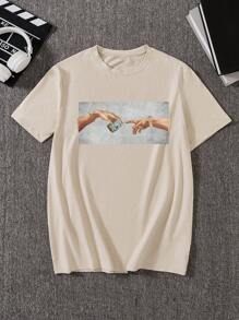 Manfinity Homme Áo thun nam cổ tròn tay ngắn in họa tiết đồ họa cỡ lớn thời trang, dùng khi đi chơi - Màu Khaki - Xem 4