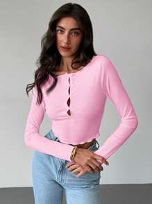 Aloruh Romantic Date White Fitted Long Sleeve Crop Rib Knit Round Neck Ruffle Bow Slit Women T-Shirt - Pink - View 6