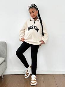 SHEIN Tween 女童针织立领运动衫和踝袖紧身裤 2 件套，休闲日常装 - 杏色 - 查看 5