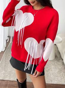 SHEIN Unity Loose Fit Contrast Color Heart Embellished Pullover Sweater For Autumn/Winter, Cozy & Casual For New Year Knit Pullover Fall - Red - View 4