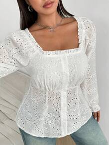 Vionelle Plus Size Romantic Ruffled Square Collar Puff Sleeve Cinched Waist Cute Blouse Peplum Top Fall Cloth For Women - White - View 5