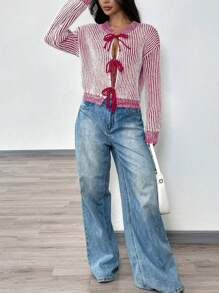 Chiquease Casual Striped Lace-Up Raglan Cardigan For Autumn/Winter Fall Cloth For Women