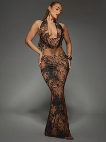 MISSGUIDED Cowl Neck Animal Print Crop Top And Maxi Skirt Festival Party Co Ord Backless Ruched Waist Summer Evening Elegant Matching Set - Multicolor - View 1