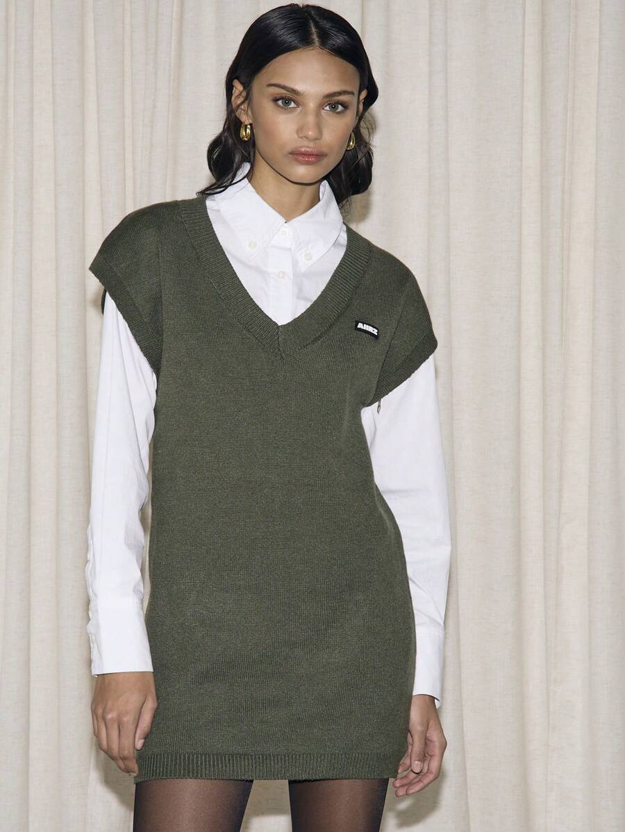 AiiRZ Oversized V-Neck Knit Sweater Dress Fall Winter Sleeveless Ribbed Mini With Long Shirt Layering Collegiate Preppy Academy Style - Army Green - View 1