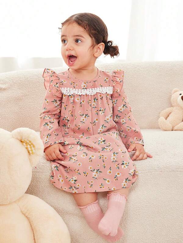 Bebê Menina Vintage Floral Padrão Renda Guarnição Babados Manga Longa Bonito Solto Casual Tecido Camisola de Casa