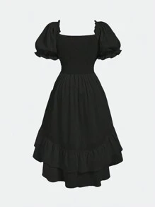 SHEIN MOD Váy dài cho bé gái cổ vuông tay bồng viền bất đối xứng màu trắng - màu đen - Xem 5